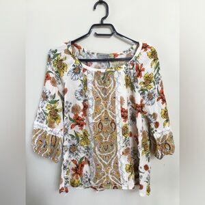 Floral Peasant Blouse in Cream with Orange & Yellow Accents
